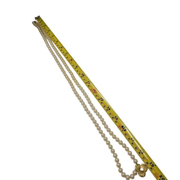 Vintage Glass Faux Pearl Double Strand Princess Necklace Gold Rhinestone Flower - Picture 3 of 11